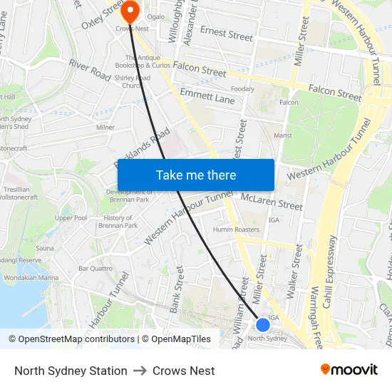 North Sydney Station to Crows Nest map