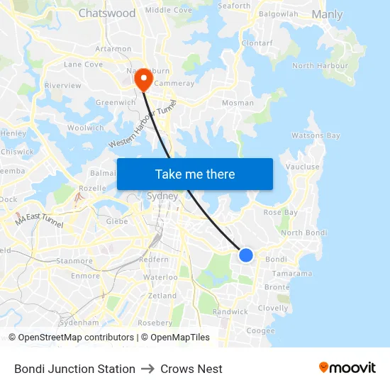 Bondi Junction Station to Crows Nest map