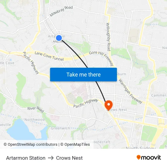 Artarmon Station to Crows Nest map
