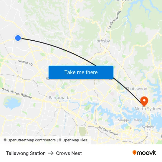 Tallawong Station to Crows Nest map