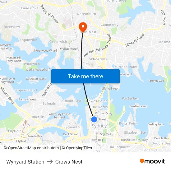 Wynyard Station to Crows Nest map