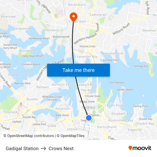 Gadigal Station to Crows Nest map