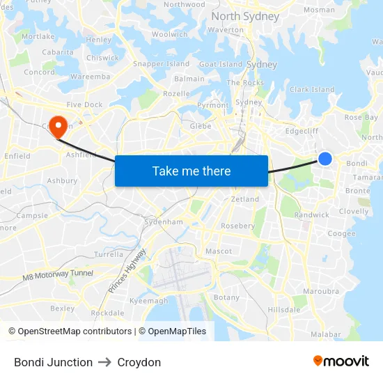 Bondi Junction to Croydon map