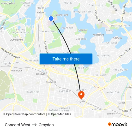 Concord West to Croydon map