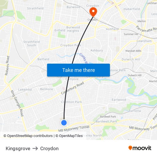 Kingsgrove to Croydon map