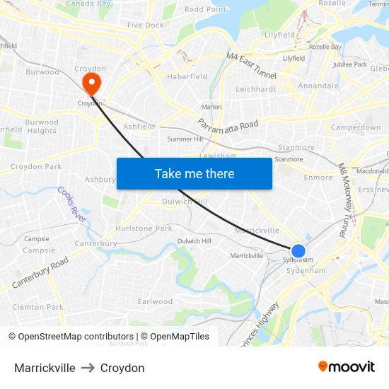 Marrickville to Croydon map