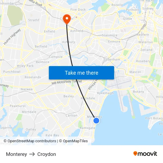 Monterey to Croydon map