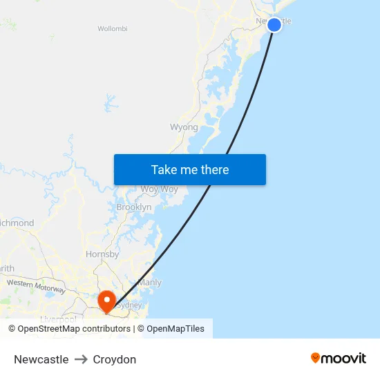 Newcastle to Croydon map