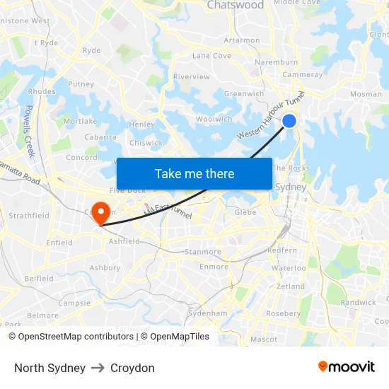 North Sydney to Croydon map
