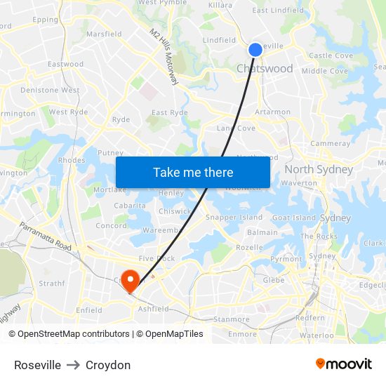 Roseville to Croydon map