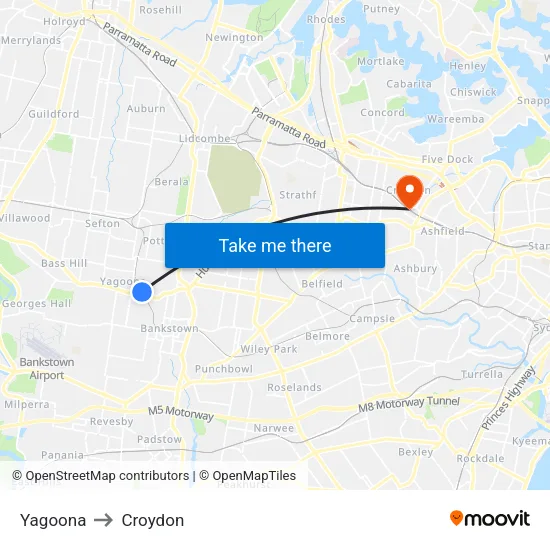 Yagoona to Croydon map