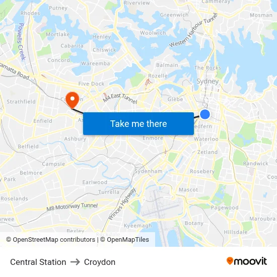 Central Station to Croydon map