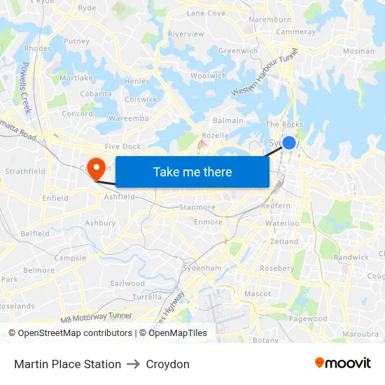 Martin Place Station to Croydon map