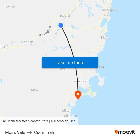 Moss Vale to Cudmirrah map