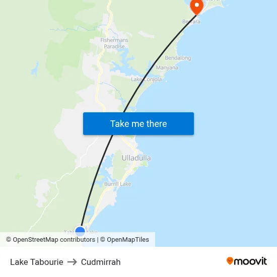 Lake Tabourie to Cudmirrah map