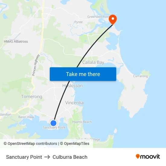 Sanctuary Point to Culburra Beach map