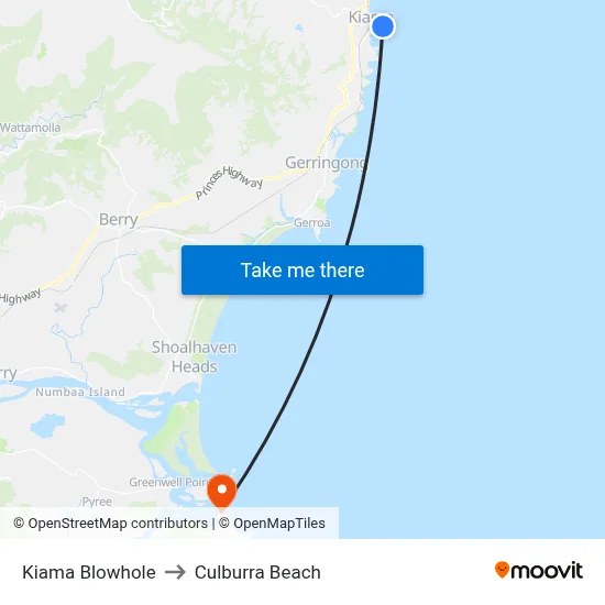 Kiama Blowhole to Culburra Beach map