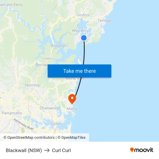 Blackwall (NSW) to Curl Curl map