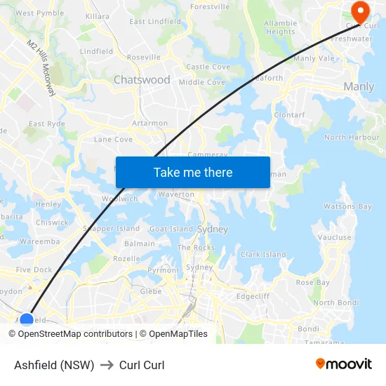 Ashfield (NSW) to Curl Curl map