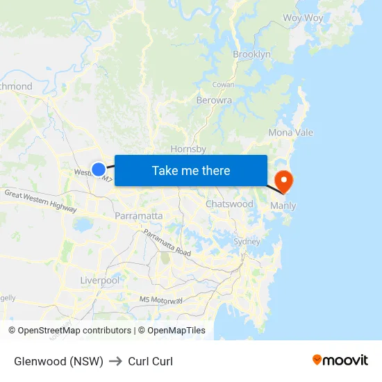 Glenwood (NSW) to Curl Curl map