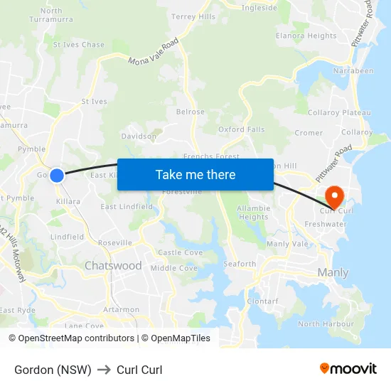 Gordon (NSW) to Curl Curl map