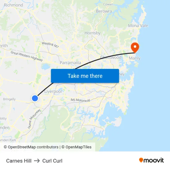 Carnes Hill to Curl Curl map