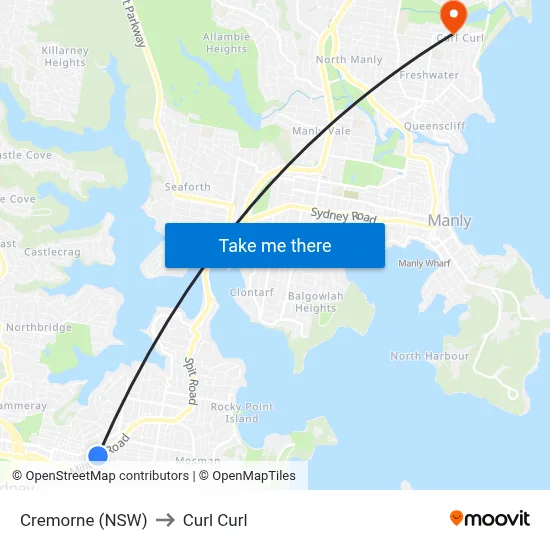 Cremorne (NSW) to Curl Curl map