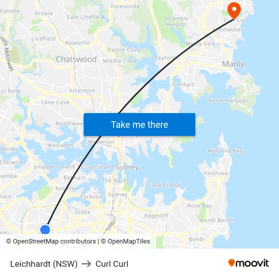 Leichhardt (NSW) to Curl Curl map