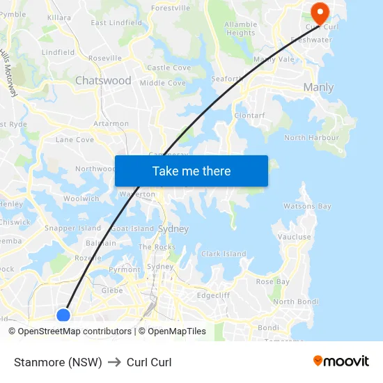 Stanmore (NSW) to Curl Curl map