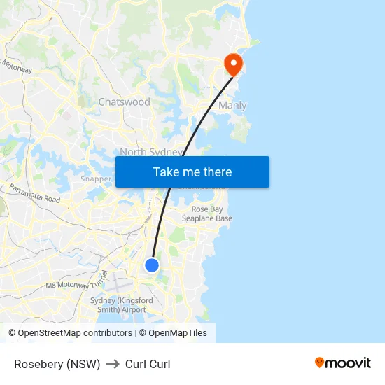 Rosebery (NSW) to Curl Curl map