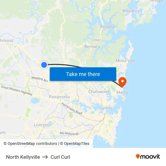 North Kellyville to Curl Curl map