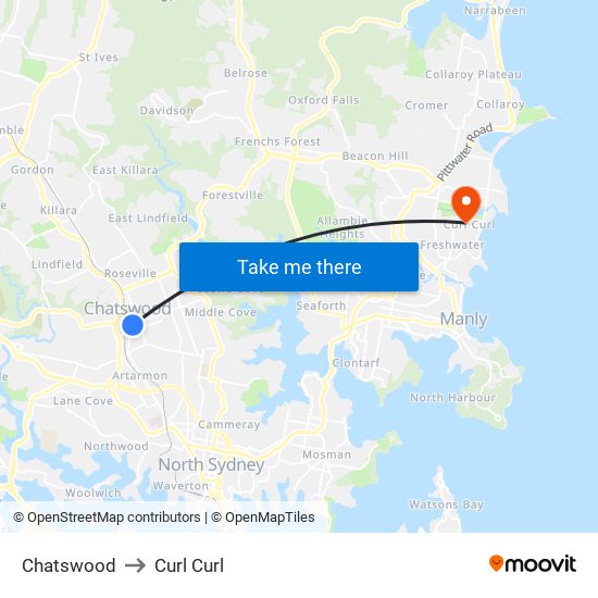 Chatswood to Curl Curl map