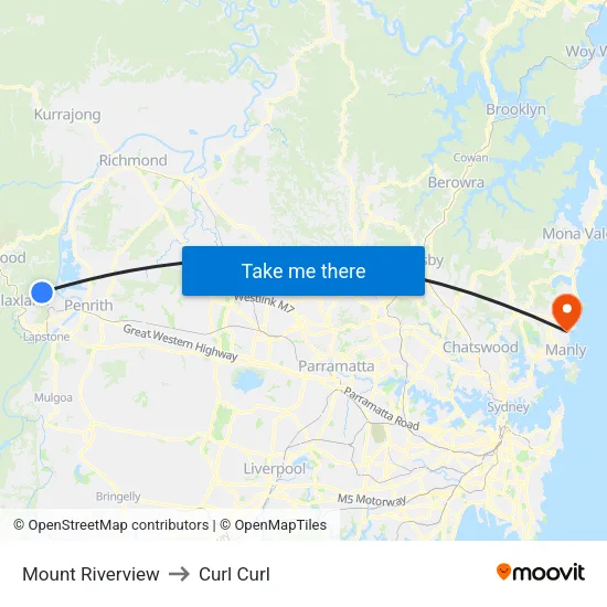 Mount Riverview to Curl Curl map
