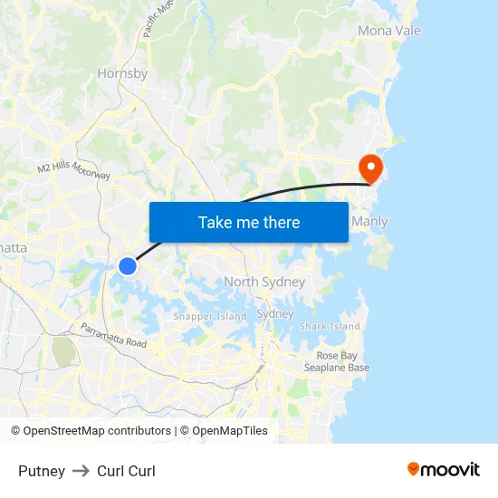Putney to Curl Curl map