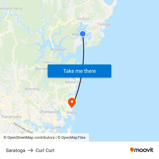 Saratoga to Curl Curl map