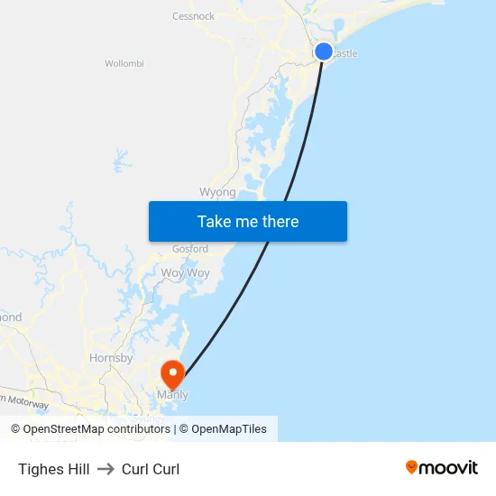 Tighes Hill to Curl Curl map
