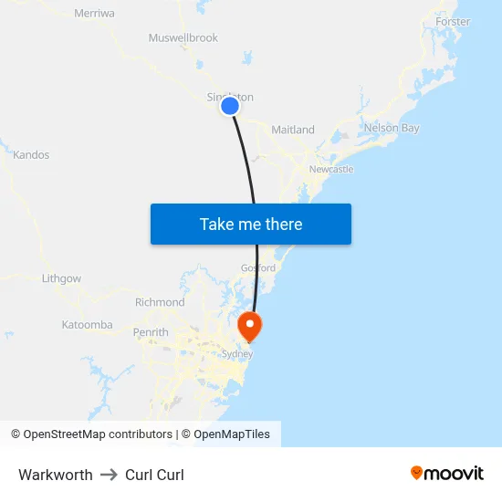 Warkworth to Curl Curl map
