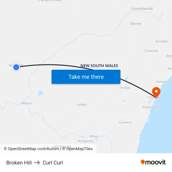 Broken Hill to Curl Curl map
