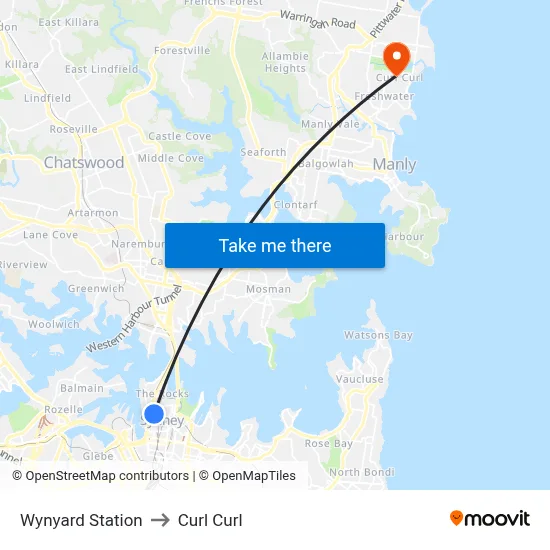 Wynyard Station to Curl Curl map