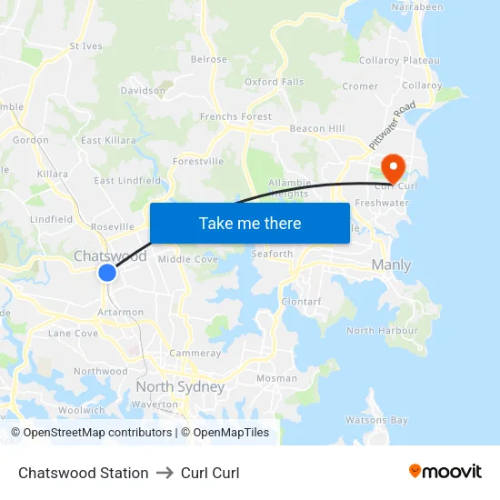 Chatswood Station to Curl Curl map