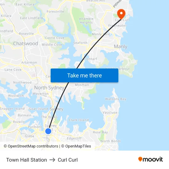 Town Hall Station to Curl Curl map