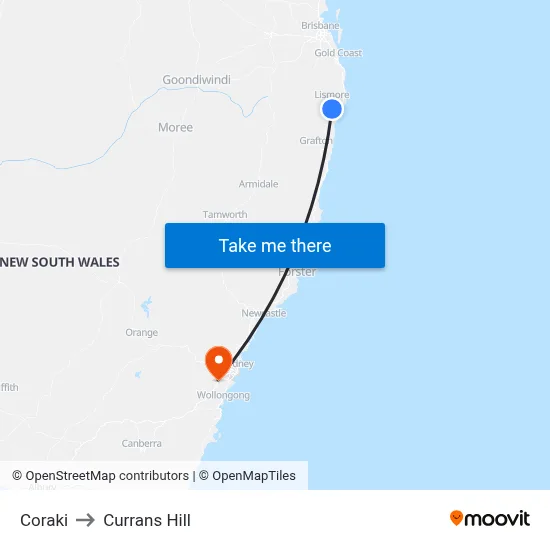 Coraki to Currans Hill map