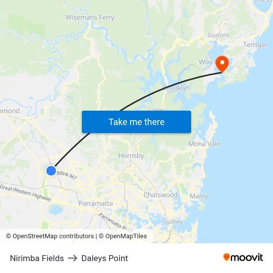 Nirimba Fields to Daleys Point map