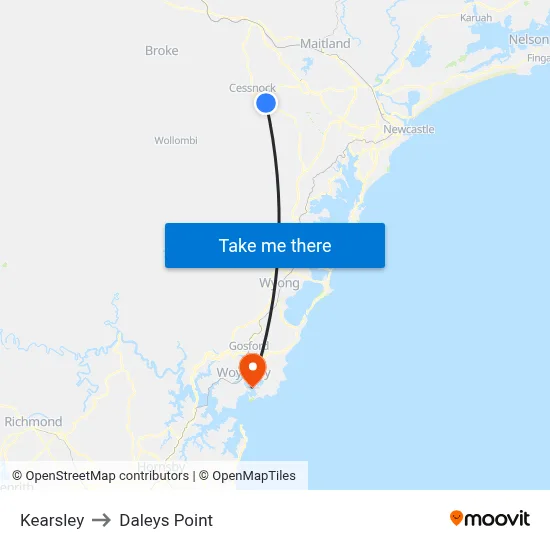 Kearsley to Daleys Point map