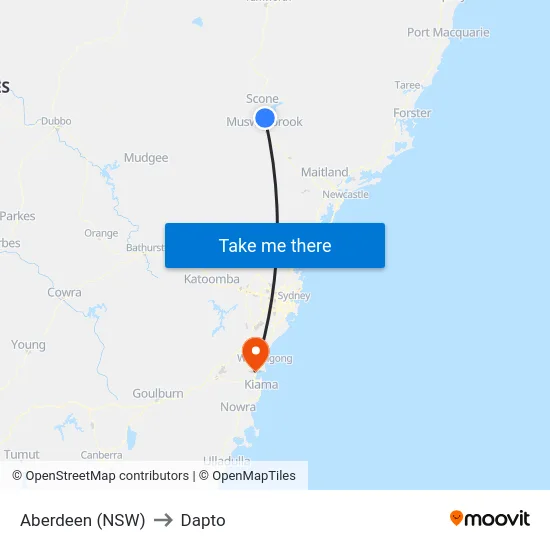 Aberdeen (NSW) to Dapto map