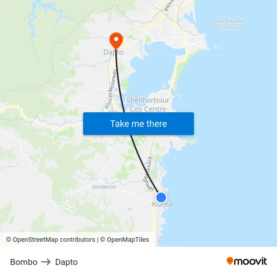 Bombo to Dapto map
