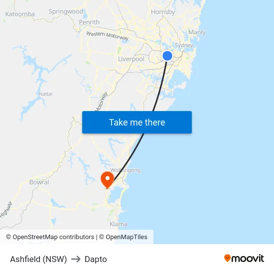 Ashfield (NSW) to Dapto map