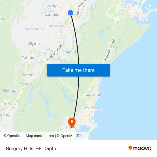 Gregory Hills to Dapto map
