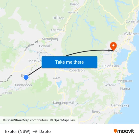 Exeter (NSW) to Dapto map