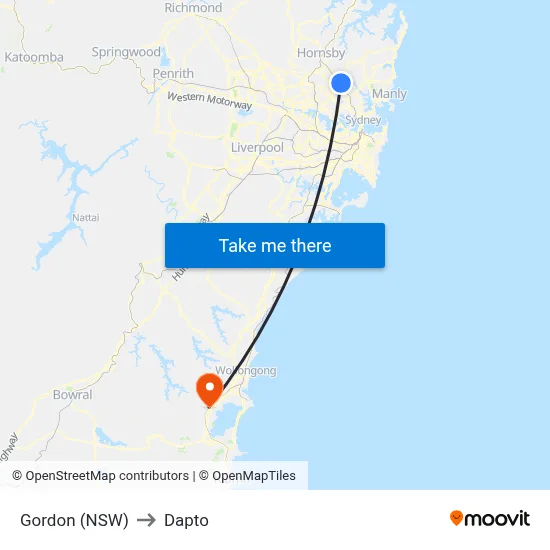 Gordon (NSW) to Dapto map
